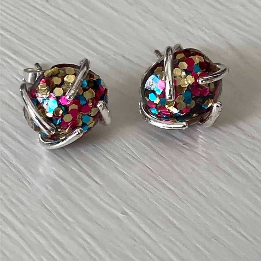 Handmade Multicolor Confetti Glitter Ball Stud 925 Sterling Silver Earrings